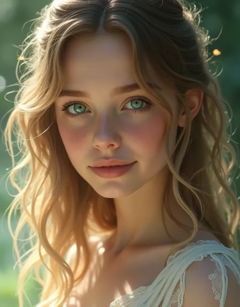 Lyra is a young girl who appears to be ., with an ethereal beauty that seems to go beyond the human. His hair is light brown, with subtle blonde strands that intertwine naturally, creating a soft gradient effect that shimmers in the light. Her hair falls i...