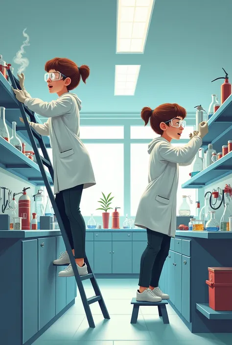 Create an illustration of a person in the lab standing on a ladder reaching for something in an unsafe manner and another illustration of the same person reaching safely to reach something to avoid risks or dangers in the lab. 