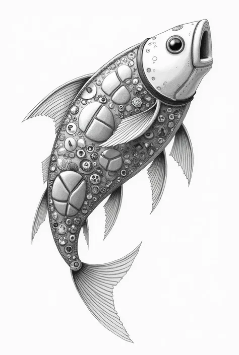 Fish with mechanical car parts drawing pencil