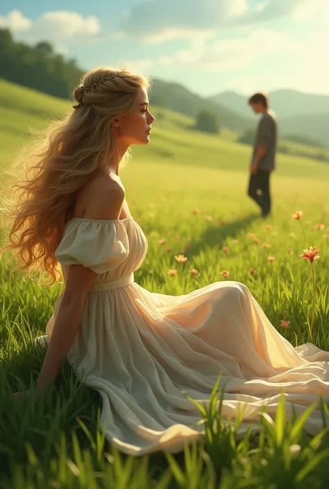 A beautiful girl with long golden hair sat in a grassy field and turned to look at the black-haired young man standing a distance away from her.