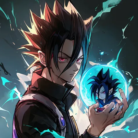 A character up to the waist, holding a very dark sphere of energy with light parts like a lightning bolt illuminating around the sphere and in the middle of it, as if it were destroying the sphere and dodging, but it was just the aesthetics of power, he ho...