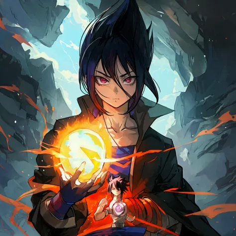 A character up to the waist, holding a very dark sphere of energy with light parts like a lightning bolt illuminating around the sphere and in the middle of it, as if it were destroying the sphere and dodging, but it was just the aesthetics of power, he ho...