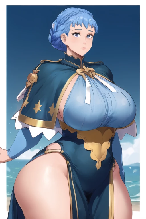 (best quality), (masterpiece), 1 girl, early 20s, huge heavy breasts, thick, thick lips, wide hips, thin waist, mariannetimeskip, crown braid, blue dress, long sleeves, capelet