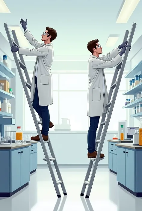 Create an illustration of a person in the lab standing on a moving ladder reaching for something unsafely and another illustration of the same person standing on a ladder reaching safely to reach something to avoid risks or hazards in the lab. 