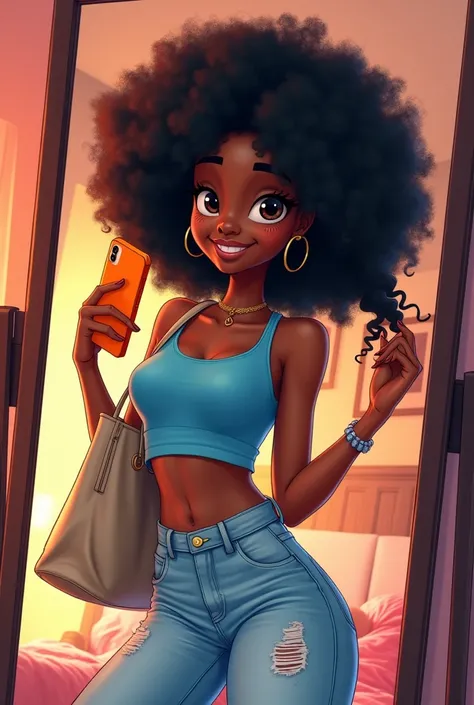 An afro girl taking a selfie in her room mirror, she is wearing a blue crop top, light blue jeans with holes and is carrying a nude colored tote bag, her iPhone is orange and she is posing with her left hand holding a lock of hair, she is a character from ...