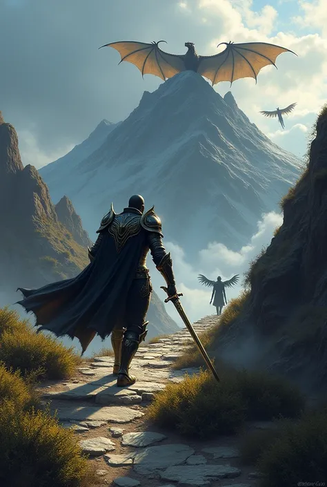 1983 dark fantasy prompt, knight climbing mountain chasing a dragon who rest in the top of the middle mountain, several smaller mountains aroun of them with winged gobblings, the knight has a dark/gold armor with a long and shinnig sword in his right hand,...