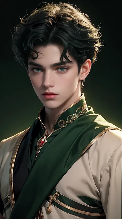 A teenage boy, black short curly hair, 1, green eyes like an emerald, pale skin, red shining lips, thick eyebrown, perfect golden ratio. He use royalty clothes in the green color. Your background with some kind of green magic. 8k, best quality masterpiece