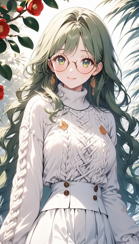 masterpiece, best quality, high quality, perfect girl, (green wavy long hair: 1.2)), green hair, green eyes, (wear round glasses)), medium breasts, shiny skin, light smile, cowboy shot, BREAK (white and chocolate colored and camellia ensemble),(A casual ou...