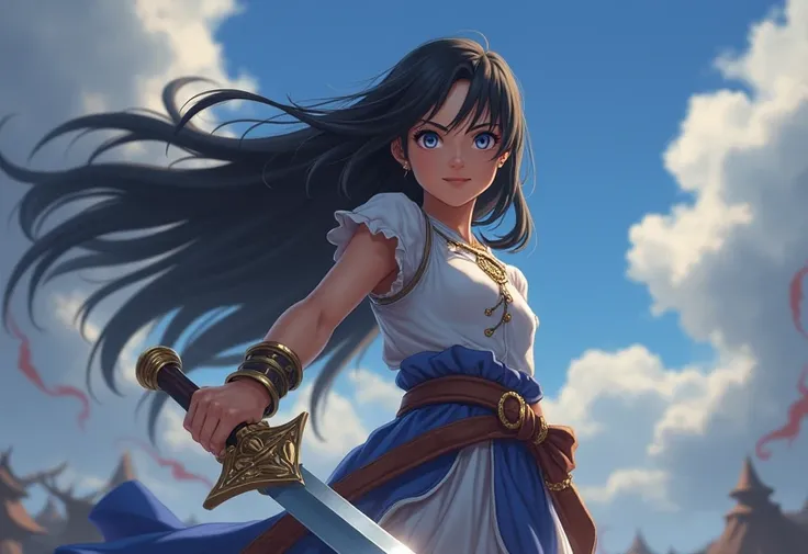 Girl with long black hair,Hold the sword in front of your face,Confront the enemy,Protect your allies,Dragon Quest style,Hero,anime,smile, blue eyes, 