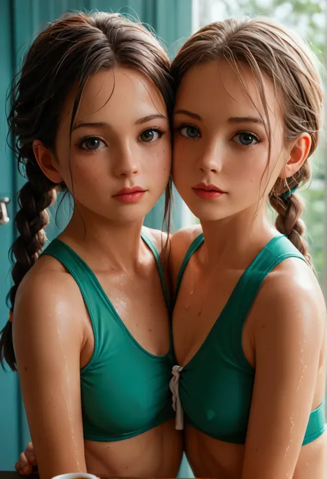 score_9,score_8_up,score_7_up, Two very young little girls hugging each other，（The act of undressing.），Ponytail braid，Wear damp green sportswear，Soaked sportswear，Sweat all over the body，（Extremely huge super swollen breasts, Z-cup breasts.）