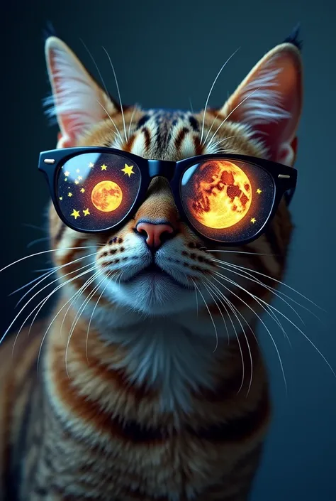 The cat is wearing glass sunglasses with stars and the moon on the glass