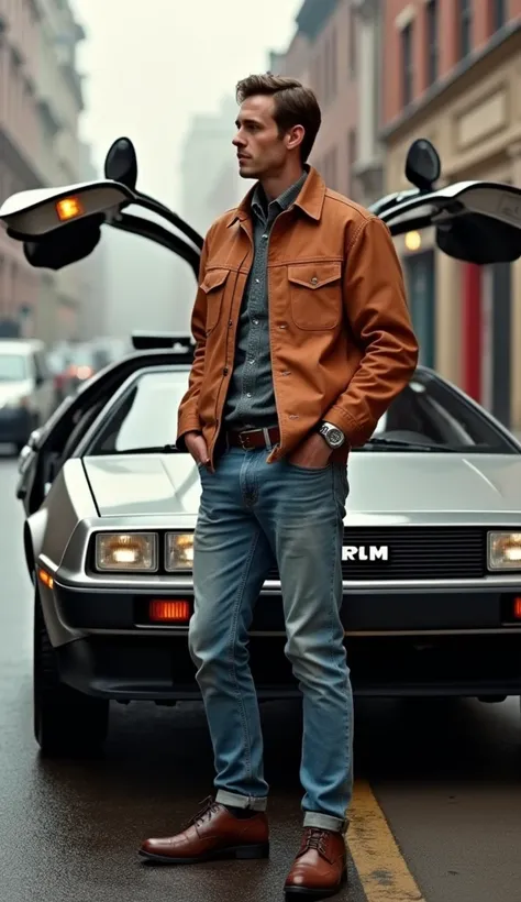 Realistic photo of Marty McFly standing beside the delorean, wearing a Rolex Daytona 