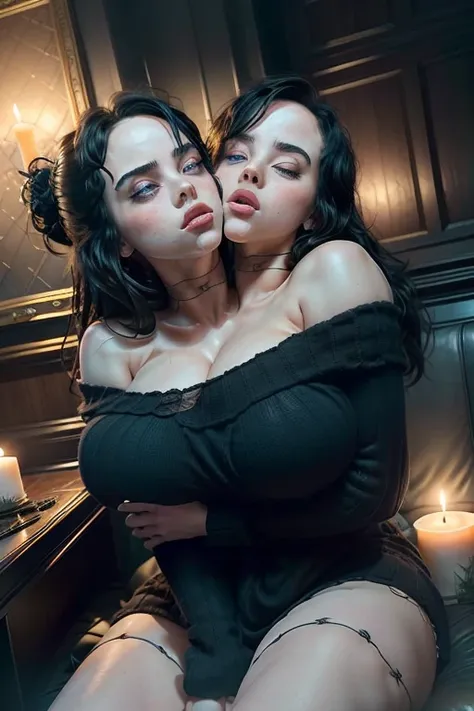 ((masterpiece)), ((best quality)), (detailed), perfect, solo, two-headed billieeilish, a woman, gorgeous woman, luscious lips, black hair, blue eyes, ((extremely detailed eyes)), eyes closing, deep cleavage, sexy, (two heads, conjoined_dicephalus), (kissin...