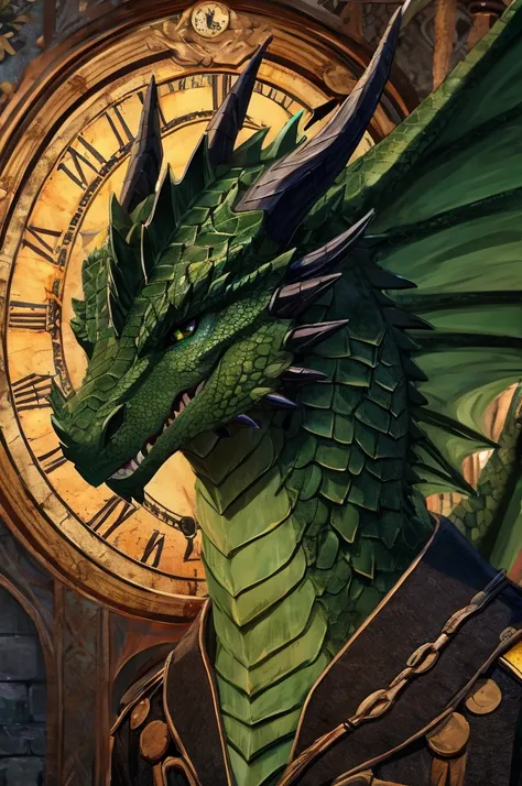 Black and green dragon with a clock engraved onto its scales