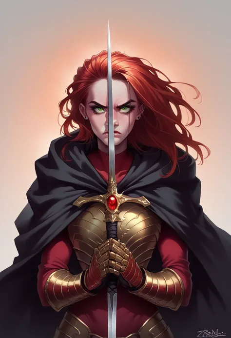 Ezrania has long red hair that resembles flames and piercing green eyes.. His skin is pale and his features are sharp, with an intimidating beauty. She wears red metal armor, adorned with gold details and a long black cape. In your hands, she holds two sha...