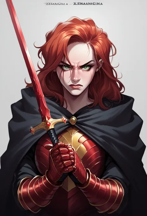 Ezrania has long red hair that resembles flames and piercing green eyes.. His skin is pale and his features are sharp, with an intimidating beauty. She wears red metal armor, adorned with gold details and a long black cape. In your hands, she holds two sha...