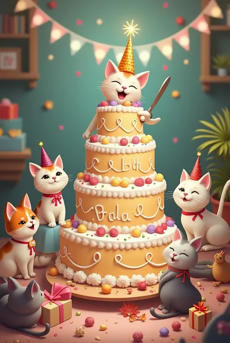 A cat  wearing wedding dress and cat birthday celebration with friends cut the cake  large ,the cake name BABU, friends give gifts
