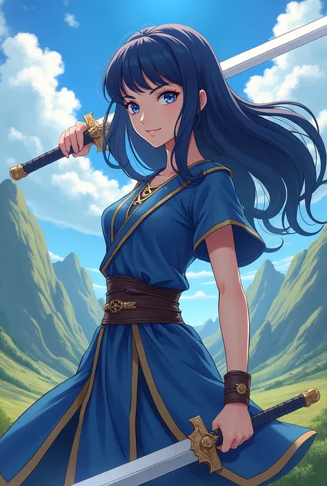 Girl with long black hair,Hold the sword,Confront the enemy,Protect your allies,Dragon Quest style,Hero,anime,smile, blue eyes, 