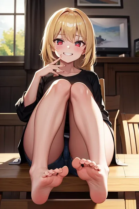 A woman is sitting on a chair，look up,Focus on the feet, Grin， Blonde, Red Eyes,barefoot,Black shirt，Shorts,Close up of the soles of the feet,