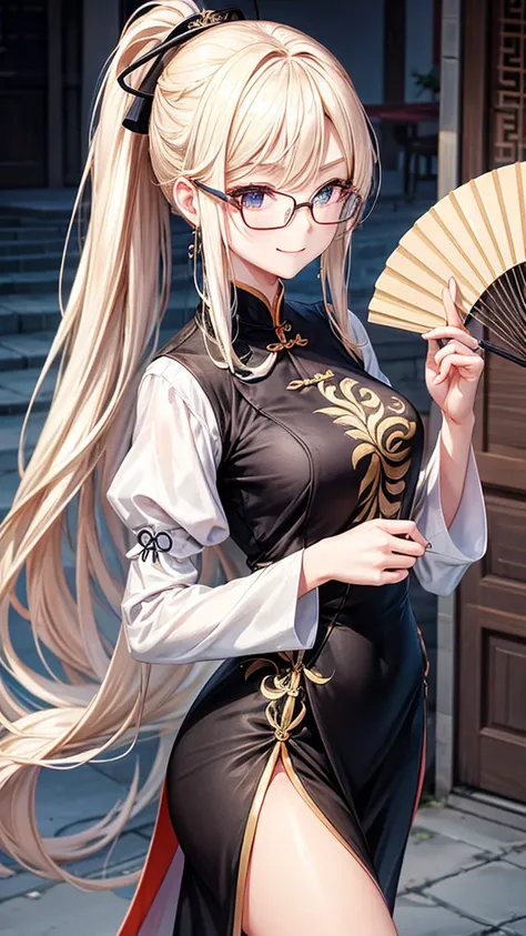 A slender blonde girl with a ponytail、She wears a black Chinese dress and square rimless glasses.。She is holding a fan in one hand, narrowing her eyes slightly and smiling seductively.。Narrow your eyes and laugh happily。The clothes are gorgeously embroider...