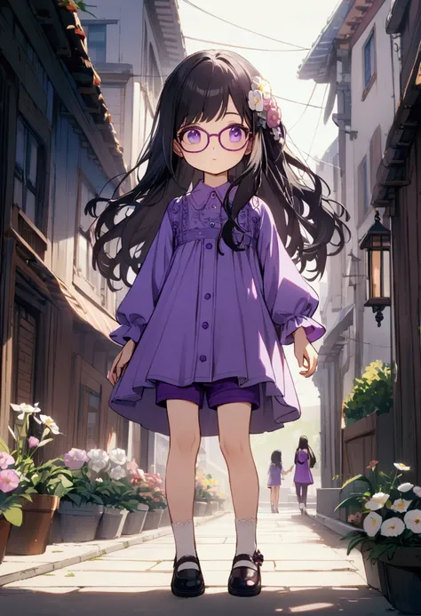 1girl, solo, purple eyes, black hair, glasses, purple shirt, purple shorts, flower hair ornament, long hair, full body, child