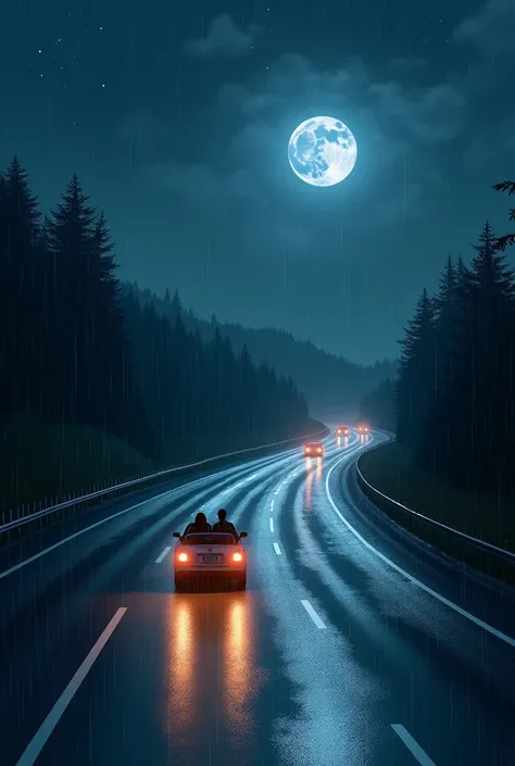 Create a highway wallpaper. And a love goes full speed that it is night and you see the moon and the rain and that it is relaxing. make it look real