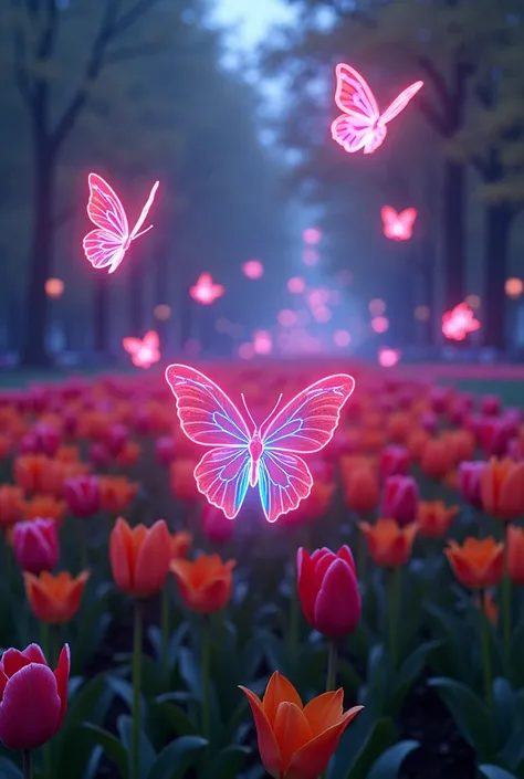 Neon butterflies flying across the tulip campus 