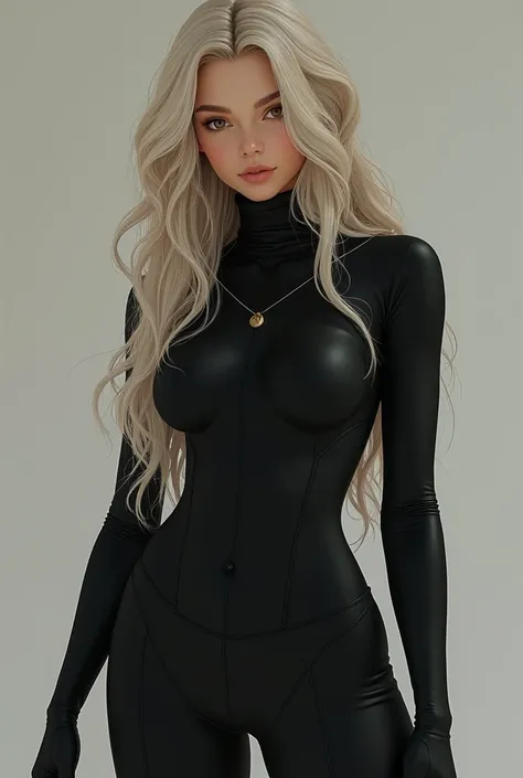 girl with kind of curly Beige-white hair below the waist, bright, hazel/brown eyes, medium skin, height=1.63 cm, toned figure. Hourglass figure, around 1. Her expression is usually just chill, not happy nor angry. She wears ninja-like, black, skin-tight cl...