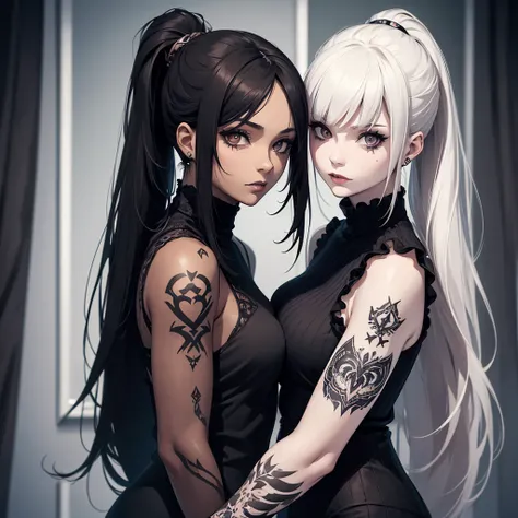 two women, portrait, pretty face, pale skin, gothic streamer, fringe, brown eyes, very long black ponytail hair, black clothes and tights, tattoos, ultra detailed, realistic