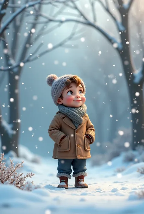 boy standing in falling snow