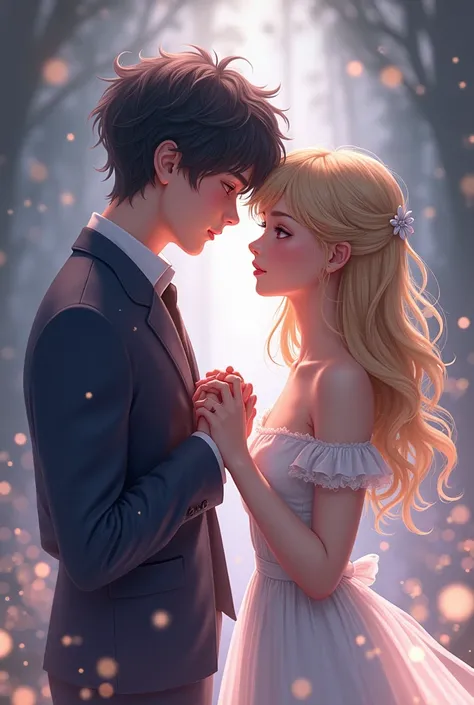 A golden-haired, silver-eyed teenage girl with a tall, dark-haired boy with purple eyes holding hands