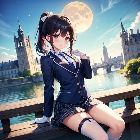 (Best Quality),One girl、Short ponytail、Black Hair,blush、Small breasts、blazer、Normal necktie、Checkered mini skirt、White gloves、Small ribbon、Ribbon-decorated knee socks、Stand with one arm in front of your chest、Place your other arm out in front of you、Europe...