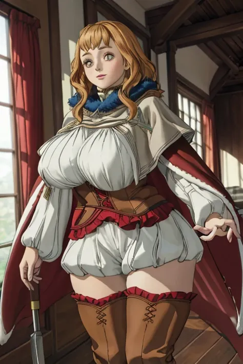 (best quality), (masterpiece), 1 girl, early 20s, huge heavy breasts, thick, thick lips, wide hips, thin waist, red cape, capelet, turtleneck sweater, corset, thighhighs,thigh boots, earrings