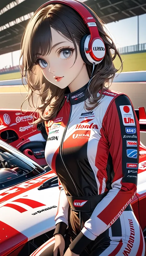 Wearing a japan formula 1 racing  attire, beautiful japan super model, big round bright eyes, golden ratio posture. High detail costume. Detailed "Honda Racing" sponsor patch printed on costume. Divine sporty look, luxury headphone piece,  indonesia flag, ...