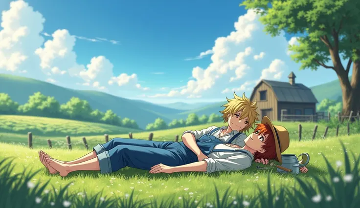  Toshiro Hitsugaya dressed as a farmer on the farm lying with Ichigo on the grass