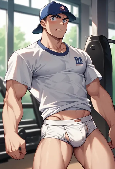 Anime, In the gym, 20 years old young slender and mascular man in his tighty whities. White briefs. Baseball cap. Anime 