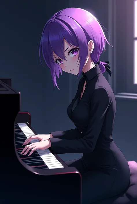 Make anime character with purple hair with Sharpe eye And with cool black clothes while playing piano