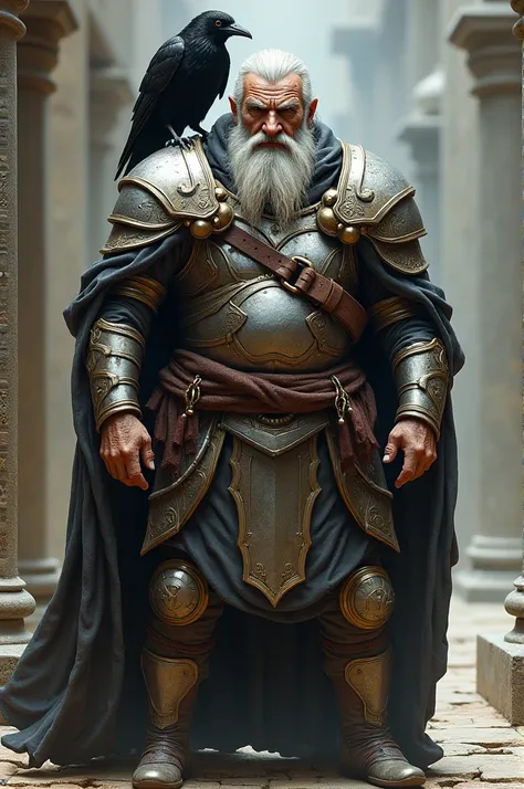 Old man with eye patch, silver armor, bronze shoulder pads, copper bracelets, steel belt, leather boots, silk helmet, and a crow on the shoulder