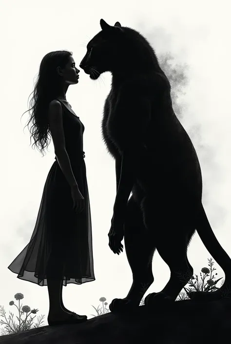 The silhouette of a teenage woman and a panther from behind and that says Humans and Divine Beasts 