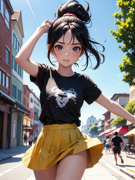 best quality, work of art, 4k resolution, work of art altamente detalhado, bright colors, a girl with black hair and brown eyes wearing a t-shirt and a skirt, with tied hair, running and sweating, alone in a sunny city on a summer day.