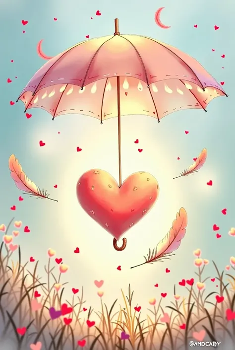 Create a drawing with these three words umbrella heart feather 