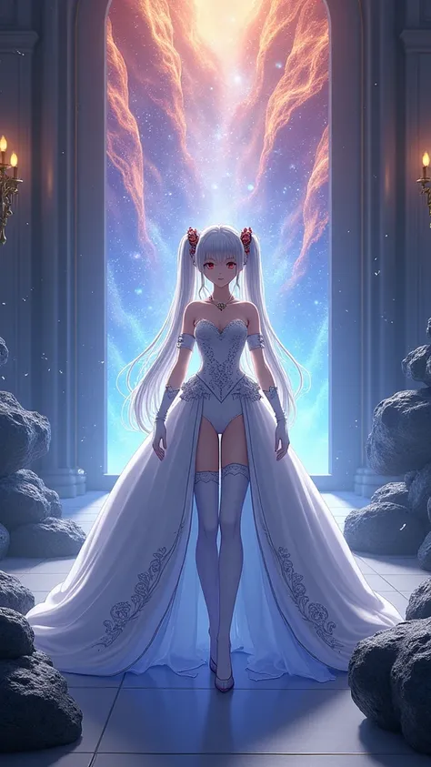 best quality, quality, masterpiece, (photorealistic:1.4), 1girl, kasugano sora, long white hair, twintails, hair ribbon, hair ornament, wedding attire, elbow gloves, wedding dress, thighhighs, standing, full body, looking at viewer, detailed background, in...