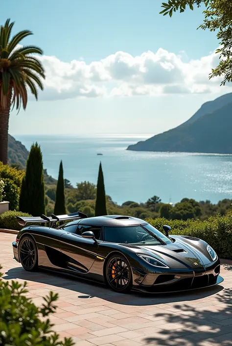 Koenigsegg agera parked elegantly at a villa which is at a hill from where the view of the sea is achieved.