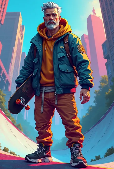 Create a skater, based on facial features, hair and expression of the reference character (Man with beard, short gray hair). add style clothes 1.2, that combine skateboarding and futuristic elements. He must hold a skateboard.  The background is a mega-ram...