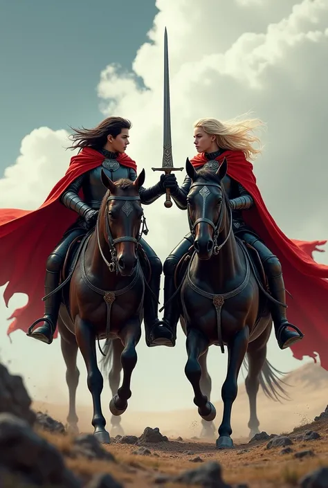 On horseback was a boy with dark brown hair, with black armor, At his side was a boy with blond hair and black armor and a red cape. They both held their swords forward together.. 