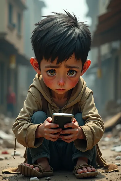 A boy begging and watching phone 