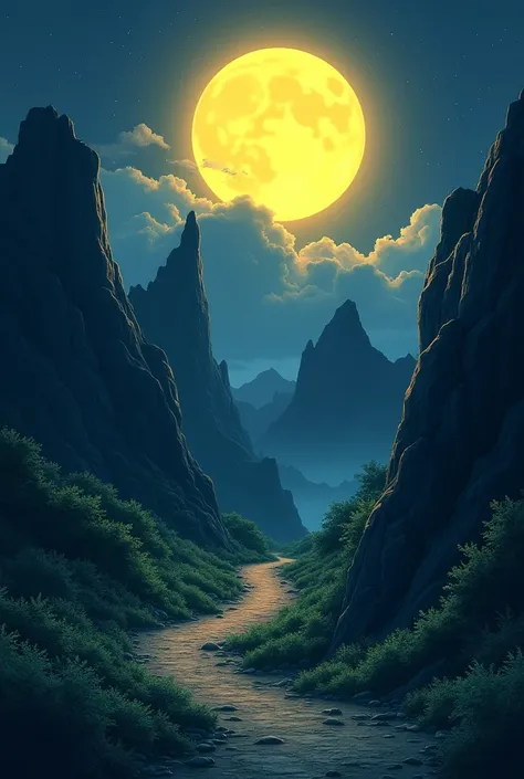 Anime drawing, front view of a path going down the mountain with a yellow moon on a dark night