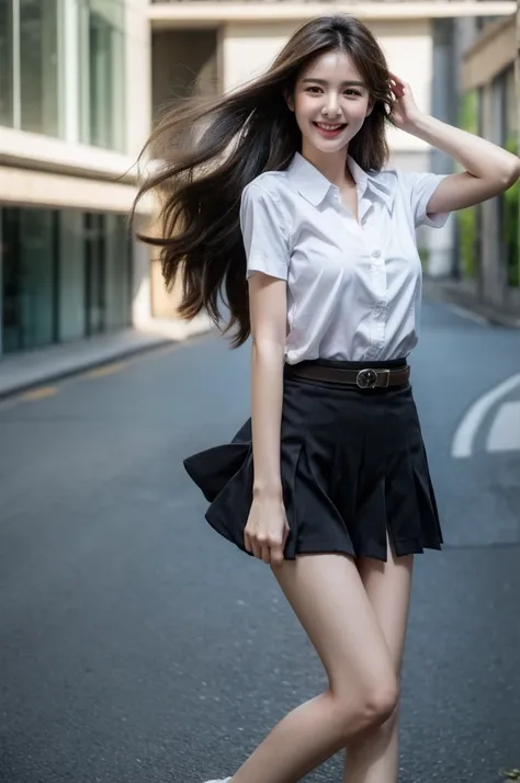 1girl, thai university uniform, hyper-realistic, white short-sleeve button up shirt:1.2, black pleated school short skirt:1.4, silver shirt buttons:1.2, silver minimal plain plate belt buckle:1.2, black long straight messy hair:1.2, masterpiece, best quali...