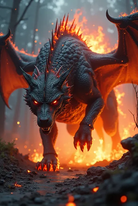 Fire-Breathing Wolf and Dragon fusion Hybrid: Imagine a massive wolf with molten scales, blazing red eyes, and massive wings. Its body is covered in sharp volcanic rock-like spikes, and it breathes fire. Surrounding it are crackling flames as it prowls thr...