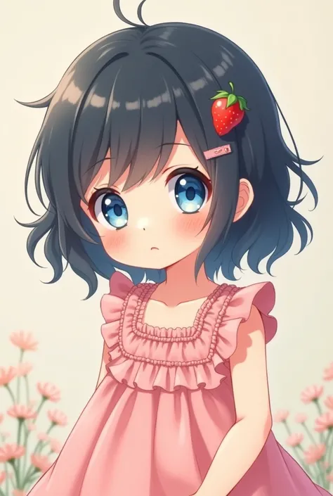 a child with white skin and crystal blue eyes and wavy black hair and wearing a knee-length pink dress with light pink ruffles and a strawberry hair clip, anime drawing